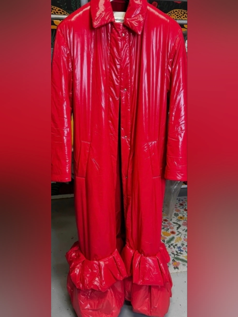 KhrisJoy Pansy Draped Trenchcoat Puffer Ruffle Shiny Fire Red One Size NWT